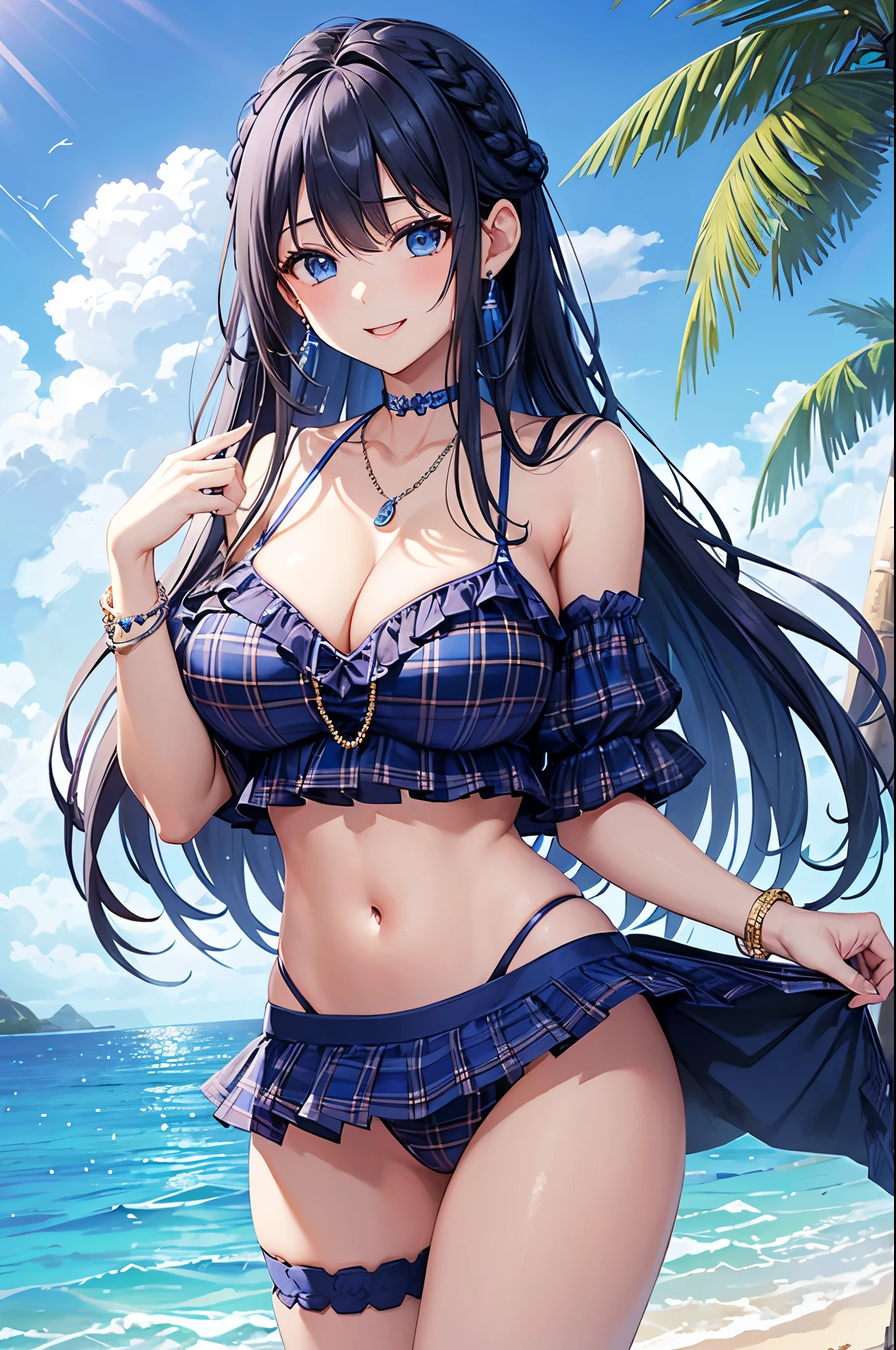 Highest quality、Highest quality、masterpiece、(8K),beauty(Age 25)、Navy blue long hair(Braiding of the sides)、blue eyes、Sexy Bikini(Plaid)、Big cleavage、(Big Breasts)、smile、blue necklace、Blue Earrings、background(Beach)、Please open your mouth wide、bracelet、Arch Pose、Blue choker