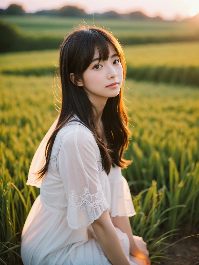  Japanese beautiful girl, Embarrassed look, figure, (Highest quality, Super detailed), front、Gentle lighting, Flowing Hair,one piece、 Delicate features, Dreamy atmosphere、Analog Film Photography、20-year-old、80'、サイバーパンクWindローファイアニメーション、Wind, sunset, Wheat field,
