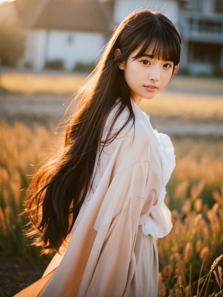  Japanese beautiful girl, Embarrassed look, figure, (Highest quality, Super detailed), front、Gentle lighting, Flowing Hair,one piece、 Delicate features, Dreamy atmosphere、Analog Film Photography、20-year-old、80'、サイバーパンクWindローファイアニメーション、Wind, sunset, Wheat field,