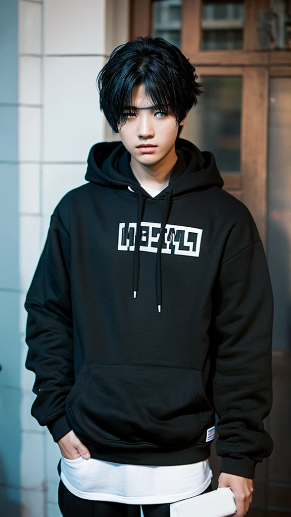 Black hair, black hoodie, black eye, black bottom, white shoes, man minecraft, pixsel