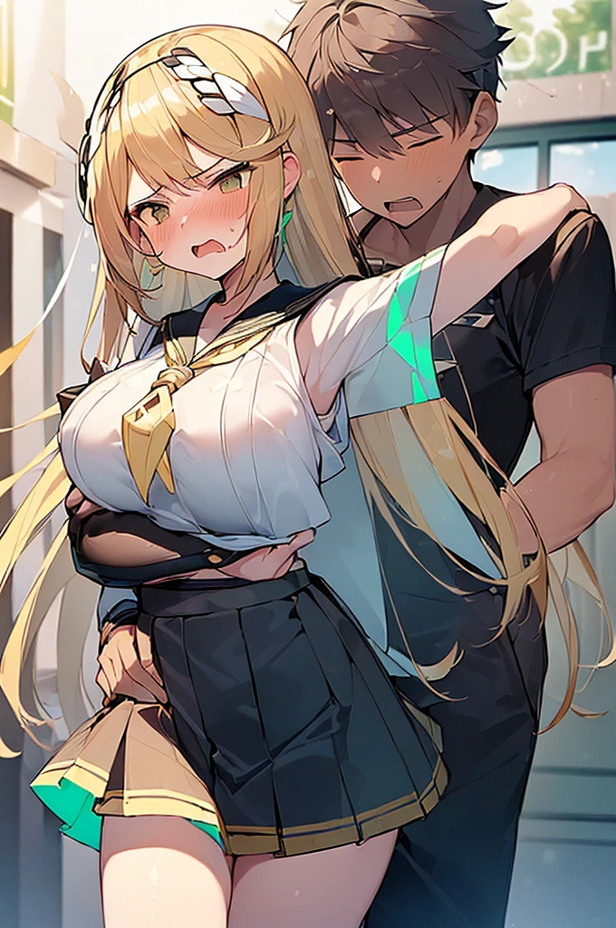 (Masterpiece, Top quality: 1.5), (1boy and 1girl :1.3), (Mythra :1.3),(breast grab from behind:1.3), a boy is with black hair, (Sailor suit, Pleated Skirt :1.4), (large breasts:1.3), standard weight, Blonde Hair, , angry, (flustered:1.3), open mouth, beautiful scene of park