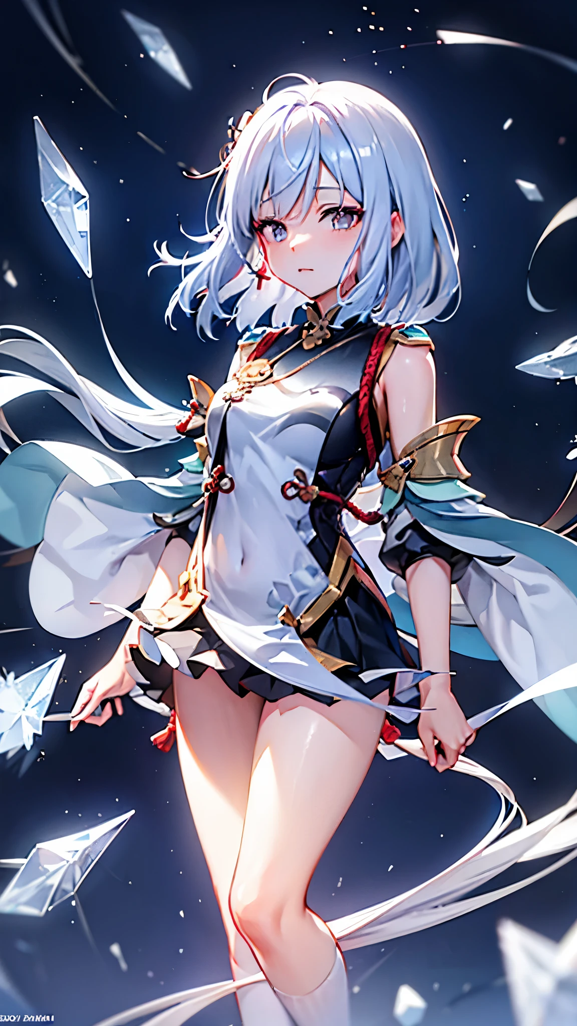 japanese anime, Kizi, alone, silver white hair, white glass shards, crystallization, night sky, winter night, Starry sky, shooting star crossing, alone, silence, Rendering, best qualityer, work of art, whole body, new, particle light effects, Rendering