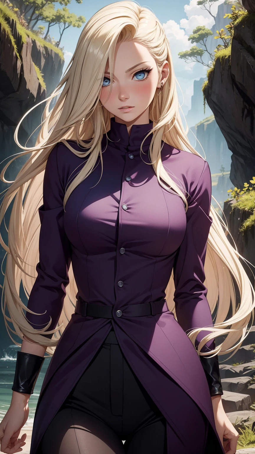 {-erro_de_anatomia:1.0} estilo anime, Masterpiece, absurdities, Yamanaka Ino\(Naruto\), 1girl Solo, woman, Perfect composition, Detailed lips, Beautiful face, body proportion, Blush, Long blonde hair, blue eyes, purple blouse, purple pant, Soft gauze, Super realistic, Detailed, photo shoot, Realistic faces and bodies, masterpiece, best quality, best illustration, hyper detailed, 1 woman, solo, glamorous, blushing, upper body, fighting, on nature, look at the view, dimanic poses,