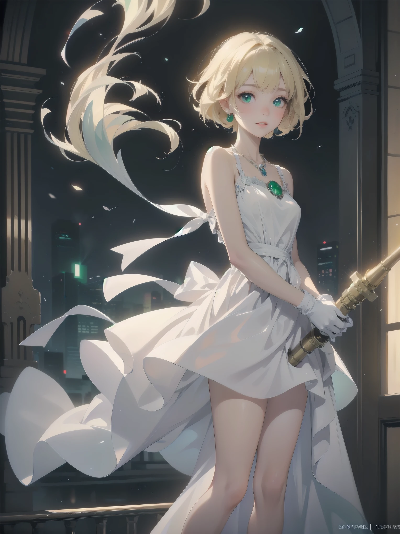 (masterpiece:1.2), (Highest quality:1.2), Ultra-high resolution, Very detailed, break, ((Anime girl standing with happiness in her hands)), Crazy girl, (1 person,Lolita,boyish, , 12 years old:1.3), A light smile, , girl who looks like a boy, Bob cut hair, ((Blonde Hair)), Messy Hair, A super-sized chest overflowing with soft fat masses、Waistline、Slender body, Small Ass, Small green eyes,Fine and beautiful eyes, Well-proportioned iris and pupil, Expressive eyes, Beautiful and detailed lips, High resolution detailed hair, Perfect Eyes, Perfect Face, ultra high density skin, Full Finger, Perfect lighting, break, ((Light green necklace)), ((White Dress:1.3)), light green tie, Sparkling Sapphire, Lady, Wear white gloves, break, (steampunk), Castle balcony, Skyscraper, Night view, Equipment, pipe, (Steam spewing out from pipes:1.2), Fantasy, break, ((Positive:1.3)), break, Digital anime art,Anime style illustrations,Anime illustration