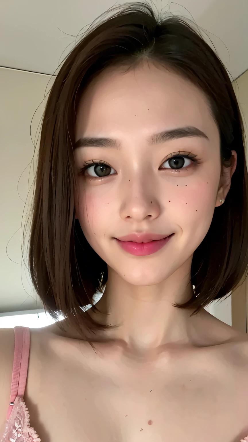 Japanese female one person. Fits your face. Age 25, Sharp jaw, RAW Photos, masterpiece, Highly detailed photos, Digital SLR, Photorealistic 3.9, Ultra-high resolution, Highest quality, Pink Lips, No makeup, big, Bright green eyes、Close-up of face、(Bobcut、Forehead Baring)、Photographed by a professional photographer、Portrait、(Natural smile)、Mole under the eye、Blushing、Glowing Skin