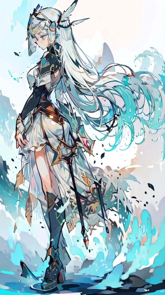 Masterpiece, Highest quality)), Detailed face, character design sheet, full bodyesbian, Full of details, frontal body view, back body view, Anime, 1 winged black-skinned girl, Ebony skinned, mega ponytail hairstyle, pure white hair, Sea BLUE eyes, busty, valkyrie's winged helmet, white valkyrie's armor, pit black Long large skirt, white gauntlets, white Boots, Ebony skin, serious face, large wings, action pose, extremely Large wings