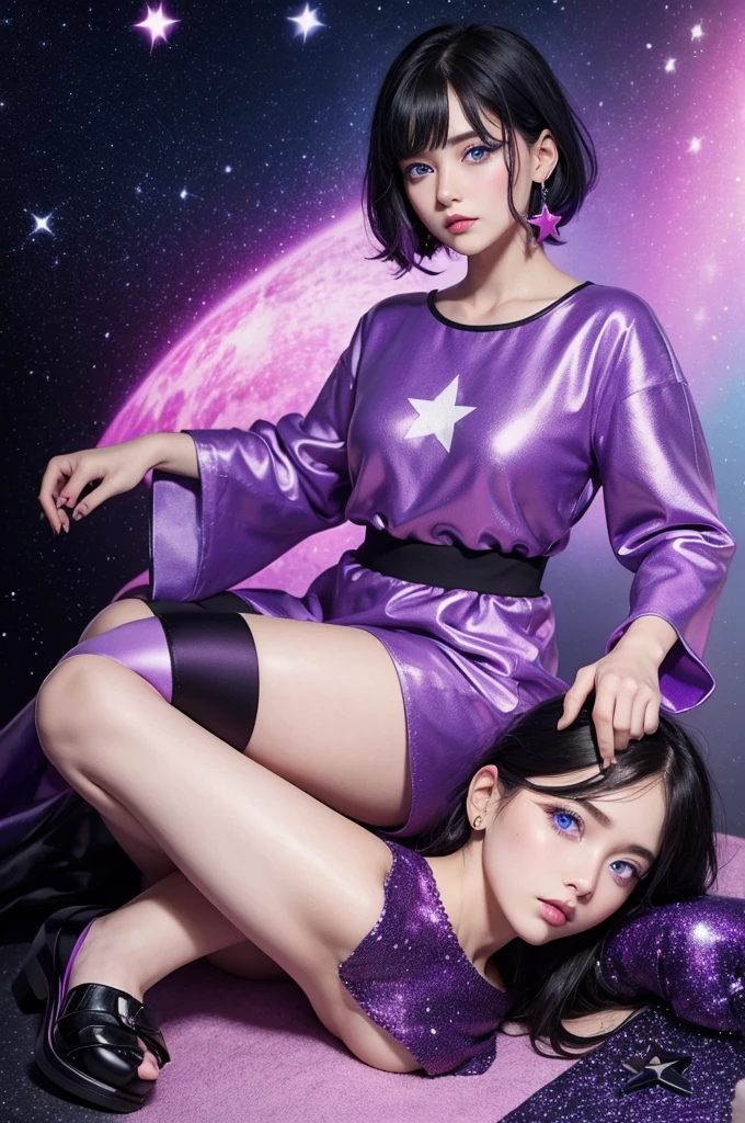 blue eyes,black hair with pink and purple highlights,star outfit, slipper