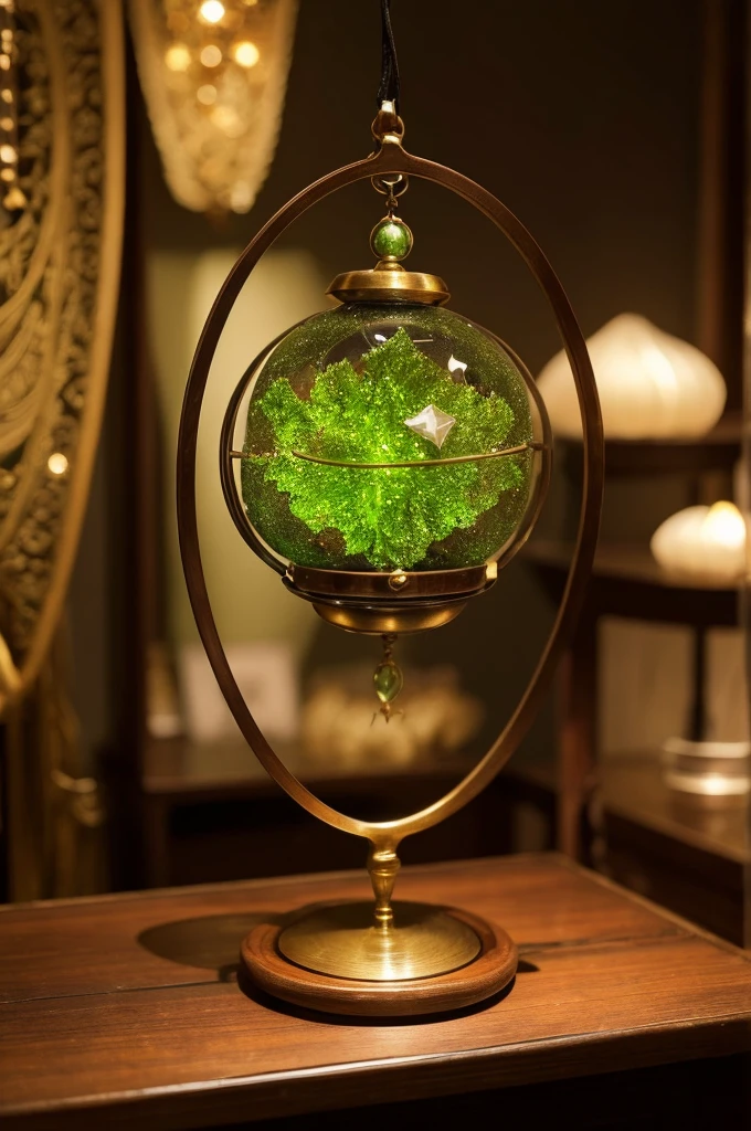 Genuine、A pendulum made of Moldavite like an accessory、beautiful、The background is a table used for fortune telling.