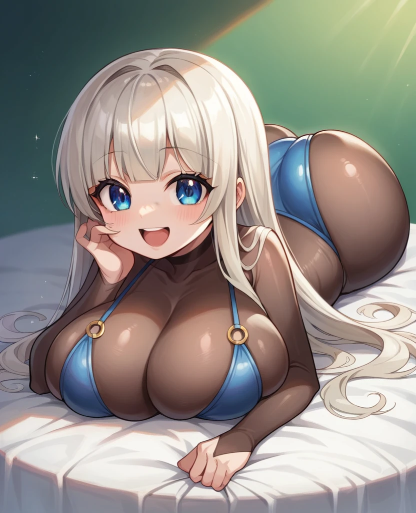 masterpiece, best quality, masterpiece,best quality,official art,extremely detailed CG unity 8k wallpaper, loli, ,(loli,cute), platinum blonde hair, hime_cut, cute face, laughing, huge breasts, blue eyes, bikini,bodystocking,huge ass, uwabaki, on stomach,ass focus,curve