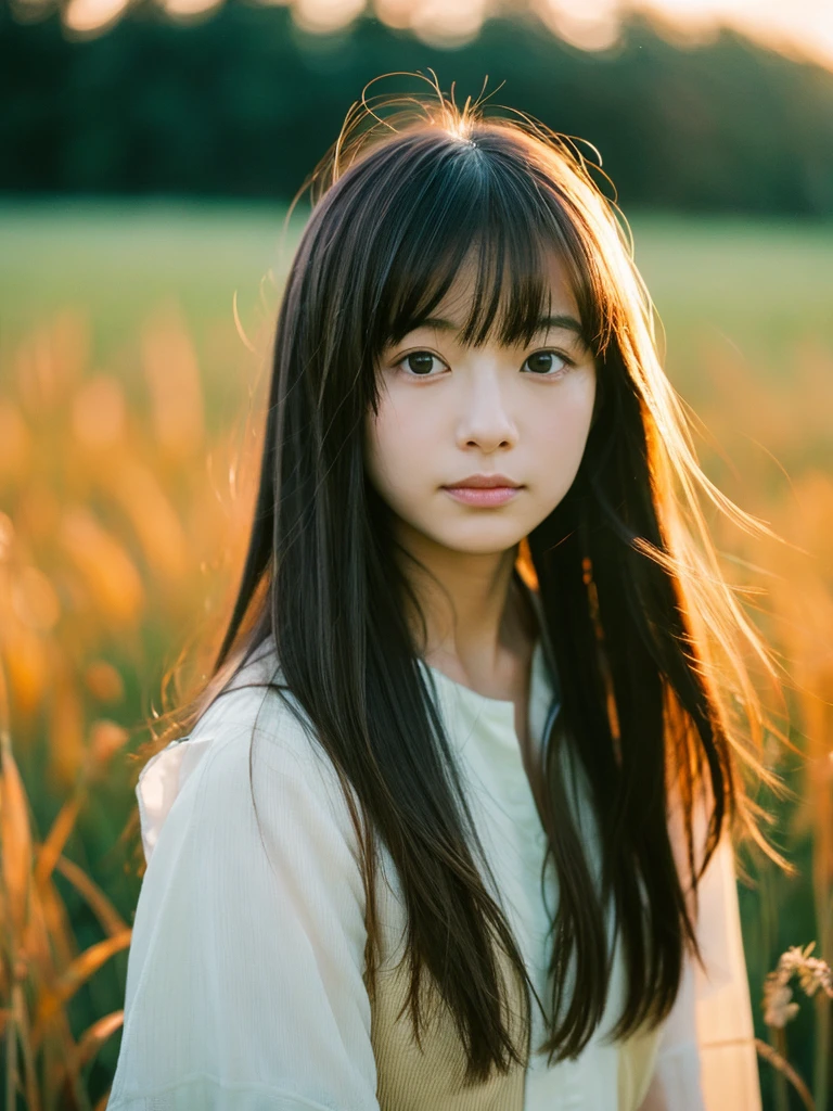 Japanese beautiful girl, Embarrassed look, figure, (Highest quality, Super detailed), front、Gentle lighting, Flowing Hair,one piece、 Delicate features, Dreamy atmosphere、Analog Film Photography、20-year-old、80'、サイバーパンクWindローファイアニメーション、Wind, sunset, Wheat field,