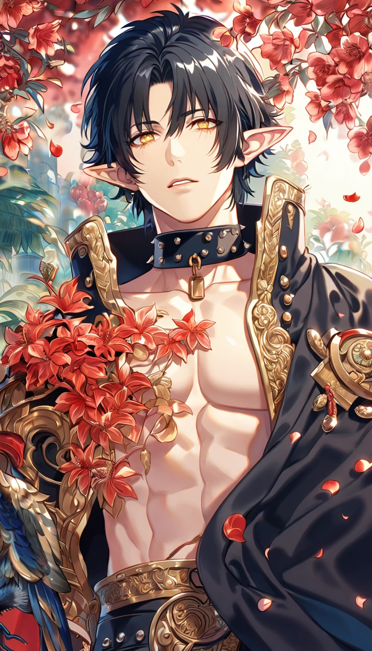 absurdres, highres, ultra detailed, HDR, masterpiece, Ren, black hair, without bangs, expressive golden eyes, Dramatical Murder, solo, sexy man, handsome, bare chest, black cape, pointed ears, black collar with studs, designed decoration such as red leaves, birds and blossoms, petals, garden