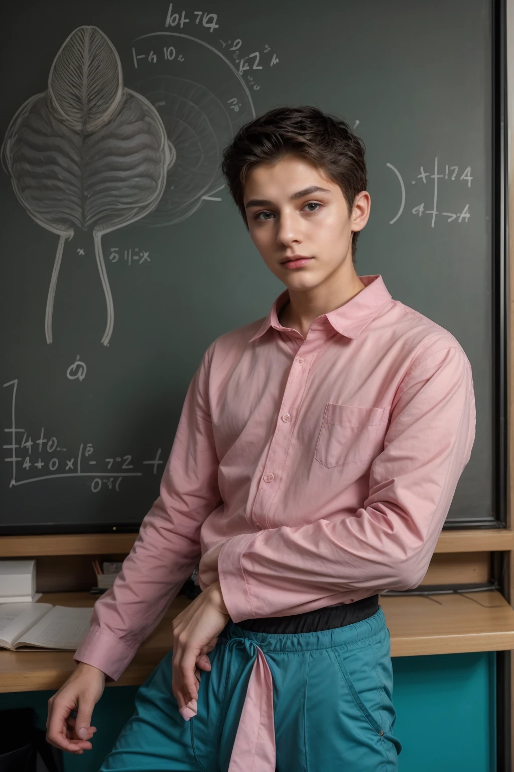 A young, beautiful, cute male twink with a face with makeup and black hair wearing a long-sleeved pink shirt and aqua blue pants. He is a cute, feminine male. He is in his office, and behind him is a blackboard on which is written the shape of the brain, its anatomy, and mathematical equations.