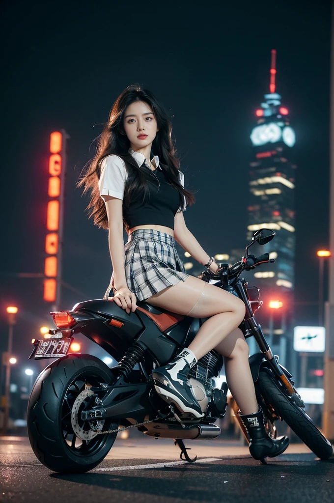 (((best quality))),(((ultra detailed))),(((masterpiece))),illustration,(1 beautiful girl,solo),((slim,thin)),((small breasts,flat chest)),(safety helmet:1.3),shoulder length straight hair,slender legs,cyberpunk, urban street,high school student, JK outfit,(riding on a motorcycle:1.3), sleek, (white collared short-sleeved shirt:1.3), (red checkered pleated skirt:1.3),(pantyhose:1.3), stylish boots, confidence, determination, dark streets, wind, hair blowing, neon lights, skyscrapers, urban noises, traffic, sirens, city sounds, futuristic, dystopian society, technology, fashion, explosive cocktail, style, , modernity, attitude, spirit, anything is possible,from front