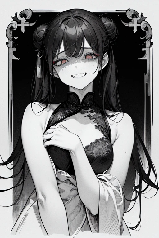 Top quality, (background detail), beautiful line drawing, monochrome drawing, black and white drawing, high contrast, very beautiful girl, detailed original illustration, Chinese style, Chinese clothes, red under eye color, shaded under eyes, twin tails in a bun, black hair, horrible atmosphere, double teeth, evil smile, ((grin)), crazy eyes, sensual, Delicate face, high contrast, charm, bad girl, sexy, small breasts, small height, real breasts, head up, black background, (black background: 1. 5)