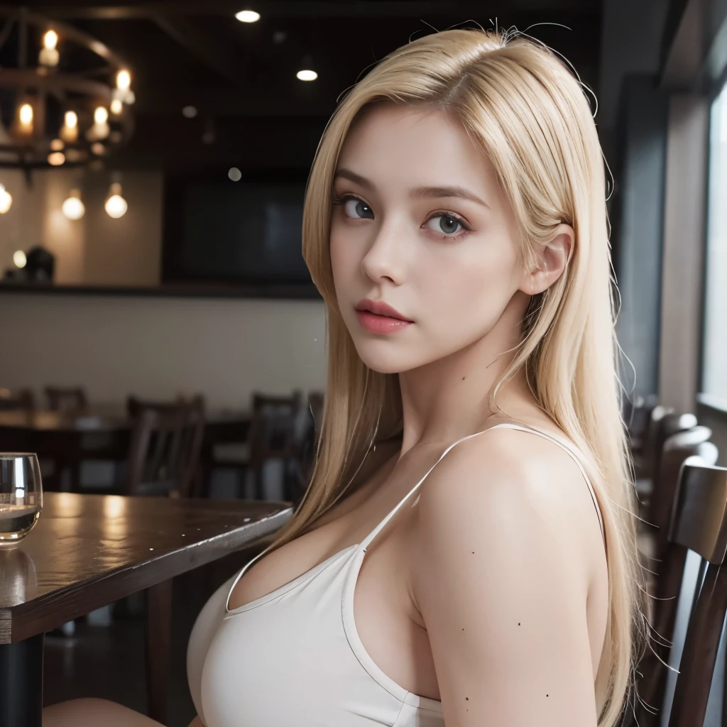 Beautiful 20-year-old white blonde college student, sporting a slender physique and a 31 bust, looking at the camera. This photorealistic masterpiece is rendered with exquisite detail and high contrast. Best 8K UHD quality, 20. Full body, perfect anatomy, curvaceous body, perfect face ), dasha taran, 20 years old, sexy face, gorgeous young model, medium blonde hair, (mid back length hair) and large eyes, Tifa Lockhart, beautiful model, very pretty model, american girlfriend, good young girl, Hyperrealism, super detail, anatomically correct. wearing a dress, sitting at restaurant