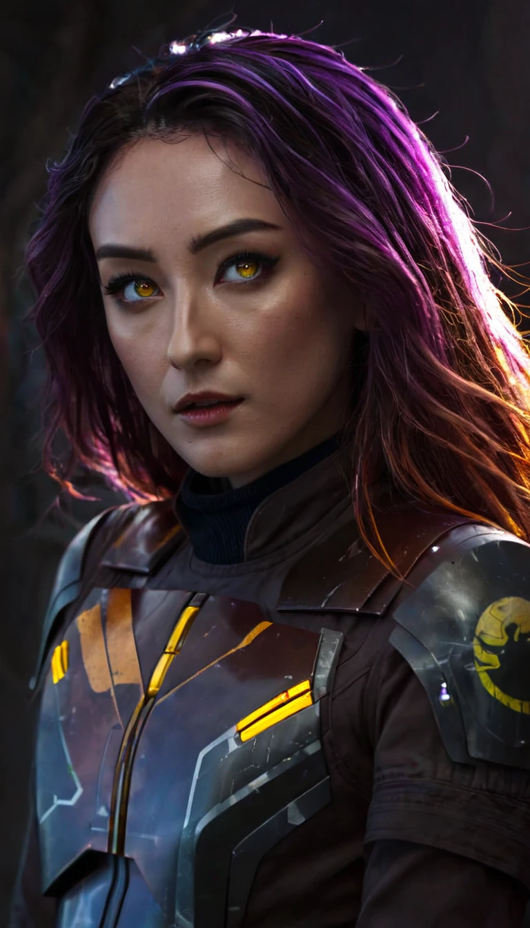 battle damage , missing arm ,bright yellow eyes, ultra-detailed,vibrant colors,sci-fi,portrait,dramatic lighting,detailed facial features,dark background,long hair,glowing eyes,futuristic clothing,expressionless face,metallic texture,bright highlights,high contrast,radiant colors,artificial intelligence theme,sharp focus,technological elements,shadows and highlights,ethereal glow,neon lights,stormy atmosphere,otherworldly setting,unconventional composition,sharp lines,sleek design,mysterious atmosphere,unearthly beauty,digital enhancements,advanced technology,glowing circuitry,abstract background,ominous presence,subtle reflections,energetic pose,unique perspective,foreshortening effect,symmetrical composition,imposing presence,dynamic energy,striking visual impact,translucent overlays,organic and mechanical fusion.