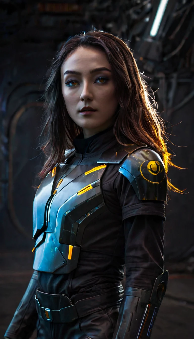 battle damage , missing arm ,bright yellow eyes, ultra-detailed,vibrant colors,sci-fi,portrait,dramatic lighting,detailed facial features,dark background,long hair,glowing eyes,futuristic clothing,expressionless face,metallic texture,bright highlights,high contrast,radiant colors,artificial intelligence theme,sharp focus,technological elements,shadows and highlights,ethereal glow,neon lights,stormy atmosphere,otherworldly setting,unconventional composition,sharp lines,sleek design,mysterious atmosphere,unearthly beauty,digital enhancements,advanced technology,glowing circuitry,abstract background,ominous presence,subtle reflections,energetic pose,unique perspective,foreshortening effect,symmetrical composition,imposing presence,dynamic energy,striking visual impact,translucent overlays,organic and mechanical fusion.