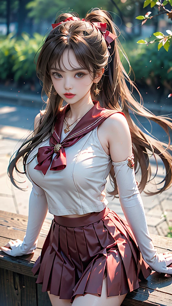 (, high resolution, Ultra Detailed, nffsw), On the table, best quality, SAMA1, Tira, Sailor warrior, White gloves, Red sailor collar, Red Skirt, Star necklace, Elbow groove, Pleated Skirt, Bare legs, Purple bow, Cowboy photoshoot, outdoor, Bokeh (85mm lens), Front camera, Gentle expression, wind blowing hair, fluffy hair, hair ((Brown)), Ponytail, Casual hairstyles, Blonde hair, Mole under left eye, Perfect body, Big breasts, Large Breasts, Top quality wearing hair ribbons, Earrings of top quality,