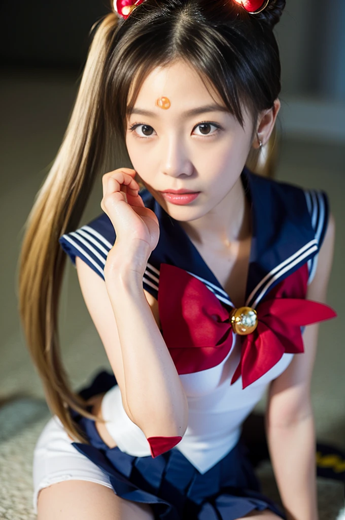 High resolution、high resolution、In 8K、Real Live Action、RAW Photosgraphy、Highest quality、masterpiece、超High resolution、RAW Photos、Len、Beautiful poop、Tabletop、((Obscene content))、For adults、The charm of 、Absurd、((((Japanese super fashion model)))、((Narrow Face:1.2))、Cute face、((Shining Face))、((((Things that make your cheeks red、Puff out your cheeks)))))、((Slim figure:1.5))、((Lean Your Body:1.5))、(((Height 180cm:1.3、expensive)))Small breasts、knees、 Thin thighs、Report、whole body、very nice、((Sailor Moon Costume:1.5))、 Lifting pleated mini skirt、((Pussy))、Pussy、(mansuji)、White panties、Dancing:1.5、(Photorealistic:1.37)、Photon Mapping、Realistic、Radio City、物理ベースLenダリング、Depth of field rally background、picture、(((Japanese Junior Idols)))、Sparkling eyes、Glossy Lips、Too bright natural light、Bright sun、明るすぎるsunlight、Looking into the camera、((blonde))、((Two buns hair:1.5))、((Very long straight twin tail hairstyle:1.5))、(((whole bodyショット:1.5)))、((knees))、((Daytime))、((sunlight:1.5))