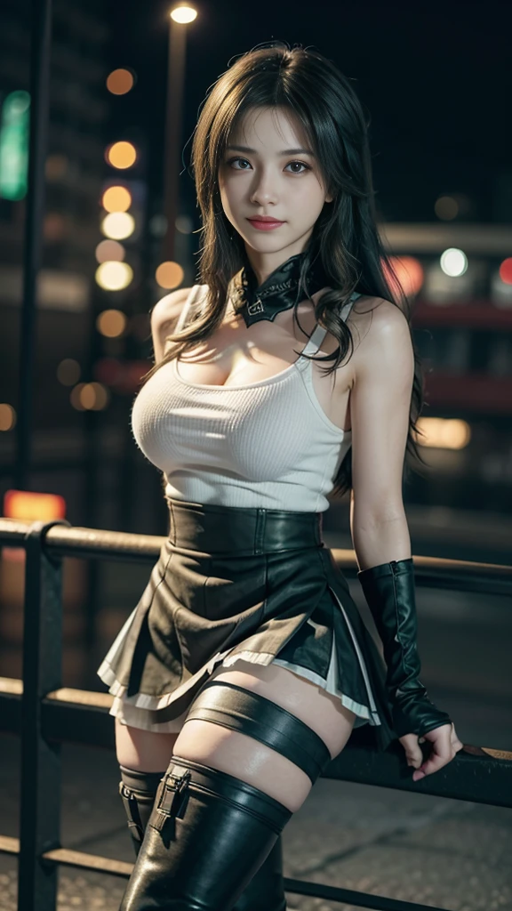 (8K, best quality, masterpiece: 1.2), (Practical, Reality: 1.37), Super Detail, A girl, Lovely, Solitary, (Tifa Lockhart), (Small Breasts), (漂亮的Eye), (Smile: 1.2), (closure), posture, dance, neon, city View, Depth of Field, Dark intense shadows, Clear focus, car, Motion Blur, 摩托car, Depth of Field, work, Glowing green, Final Fantasy VII, date, (nose brush), single Elbow pads, Ankle boots, Black Hair, Black skirt, black thighs, Red boots, Elbow gloves, Elbow pads, Fingerless gloves, Tight shirt, Good exercise, (suspender Black skirt), thigh, White vest, whole body, Headrest, Lips, Pretty Face, Low-tied long hair, (Red_Eye)), Flowers, (night: 1.3), complicated, Bokeh, light, Photon Mapping, Radiosity, Physically Based Rendering, (Tetsuya Nomura style)