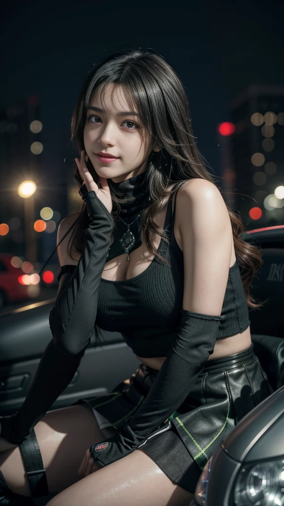(8K, best quality, masterpiece: 1.2), (Practical, Reality: 1.37), Super Detail, A girl, Lovely, Solitary, (Tifa Lockhart), (Small Breasts), (漂亮的Eye), (Smile: 1.2), (closure), posture, dance, neon, city View, Depth of Field, Dark intense shadows, Clear focus, car, Motion Blur, 摩托car, Depth of Field, work, Glowing green, Final Fantasy VII, date, (nose brush), single Elbow pads, Ankle boots, Black Hair, Black skirt, black thighs, Red boots, Elbow gloves, Elbow pads, Fingerless gloves, Tight shirt, Good exercise, (suspender Black skirt), thigh, White vest, whole body, Headrest, Lips, Pretty Face, Low-tied long hair, (Red_Eye)), Flowers, (night: 1.3), complicated, Bokeh, light, Photon Mapping, Radiosity, Physically Based Rendering, (Tetsuya Nomura style)