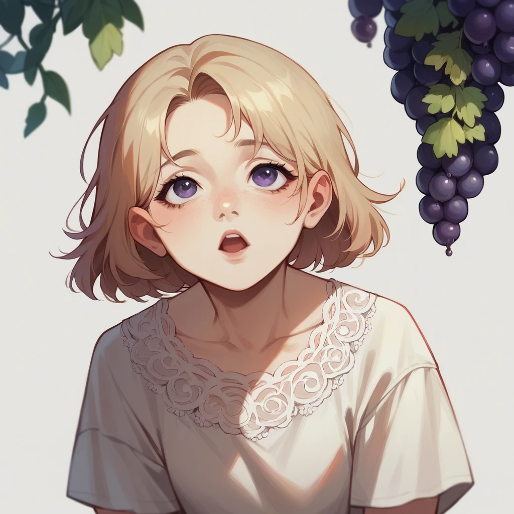 Grapes of various colors are hanging、Girl looking up at it。Wearing a white lace skirt。The overall look is fantastic with pastel colors.。
