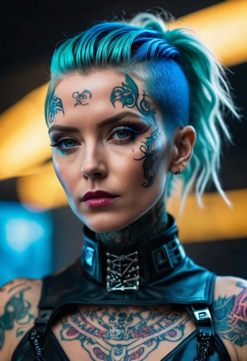 Beautiful photograph, low angle shot, intricate details, full body shot of a Icelandic woman, age 32, with cyberpunk hairstyle features clad in a scantly clad cyber outfit, real spell tattoos, facing the camera, dark angelic, in the style of high fashion, absolutely lavish surfaces, vivid colors, a mesmerizing blend of light and shadow, unique natural textures,