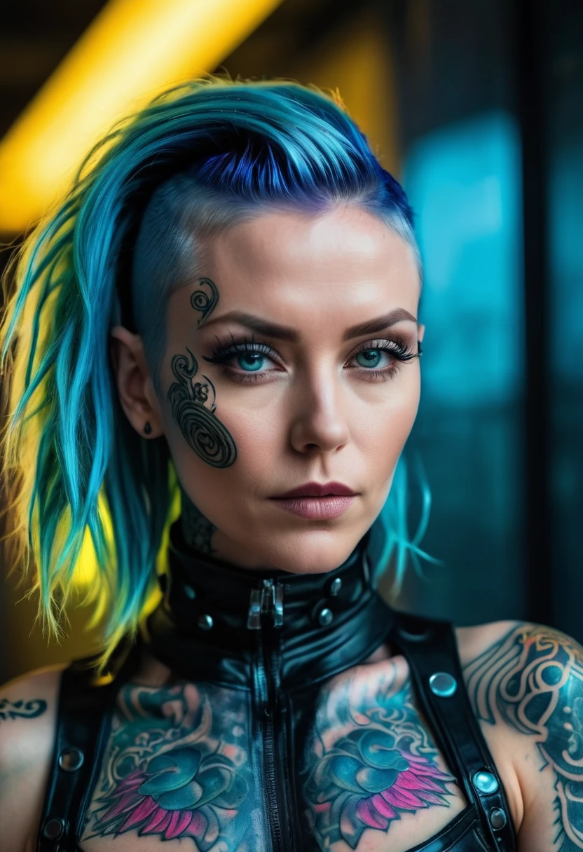 Beautiful photograph, low angle shot, intricate details, full body shot of a Icelandic woman, age 32, with cyberpunk hairstyle features clad in a scantly clad cyber outfit, real spell tattoos, facing the camera, dark angelic, in the style of high fashion, absolutely lavish surfaces, vivid colors, a mesmerizing blend of light and shadow, unique natural textures,