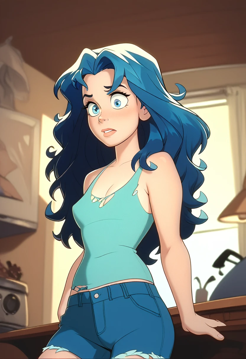 a curvy blue-eyed girl with long wavy black hair, small breasts, nudity, torn tanktop, tits out, mischievous 
