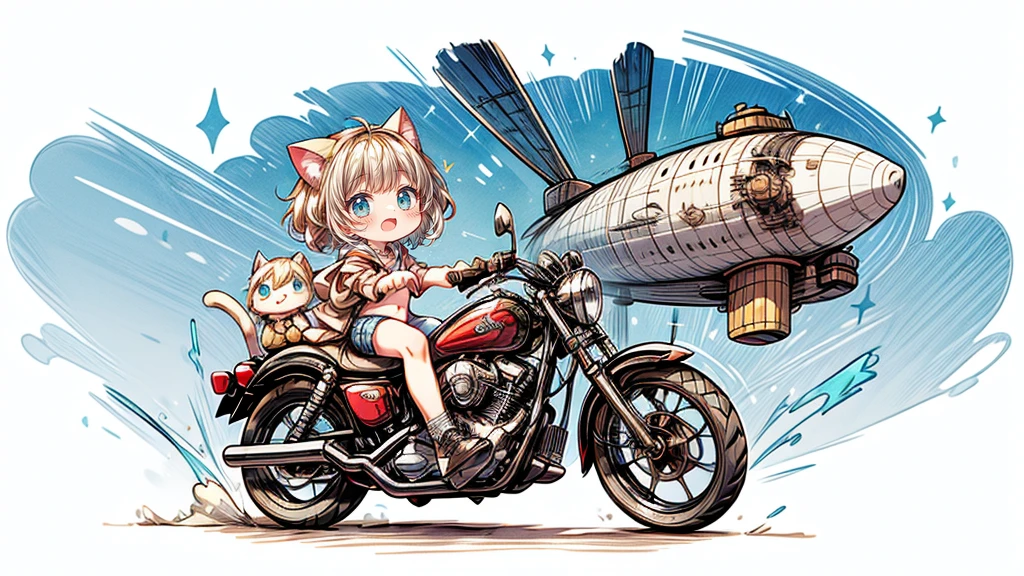 steampunk、Chibi character riding a motorcycle、Dynamic pose、look up、short hair、Cat ear、Flying Airship, Full of air,One girl、Big smile、Blonde Hair、Short Hair、Inner curls、Pink hoodie、Denim shorts、Black sneakers_No socks、Turquoise Eyes、Belly button、I see my stomach