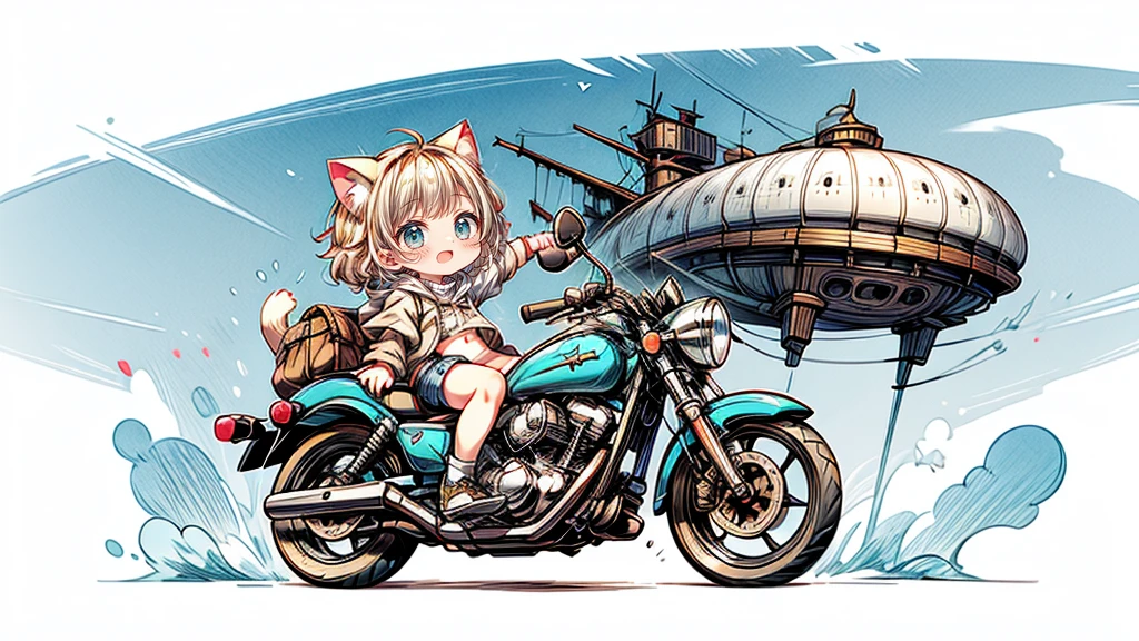 steampunk、Chibi character riding a motorcycle、Dynamic pose、look up、short hair、Cat ear、Flying Airship, Full of air,One girl、Big smile、Blonde Hair、Short Hair、Inner curls、Pink hoodie、Denim shorts、Black sneakers_No socks、Turquoise Eyes、Belly button、I see my stomach