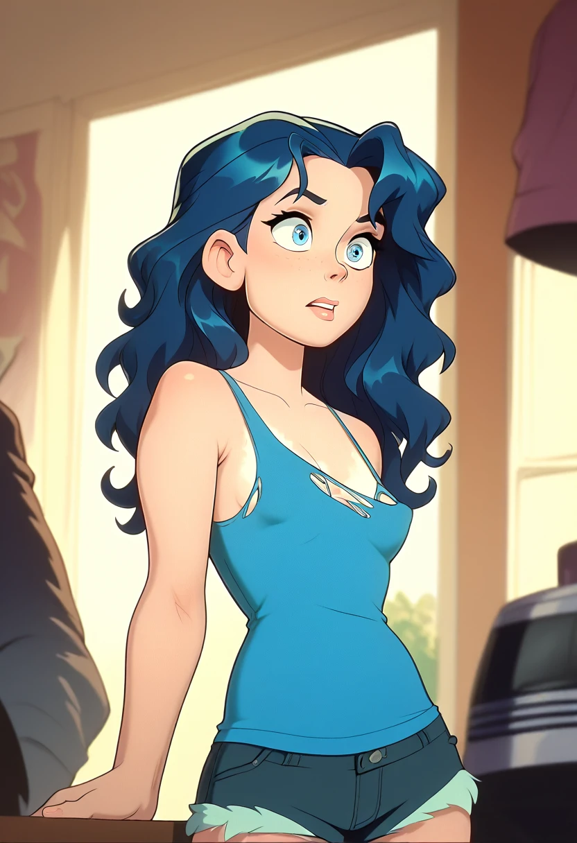 a curvy blue-eyed girl with long wavy black hair, small breasts, nudity, torn tanktop, tits out, mischievous
