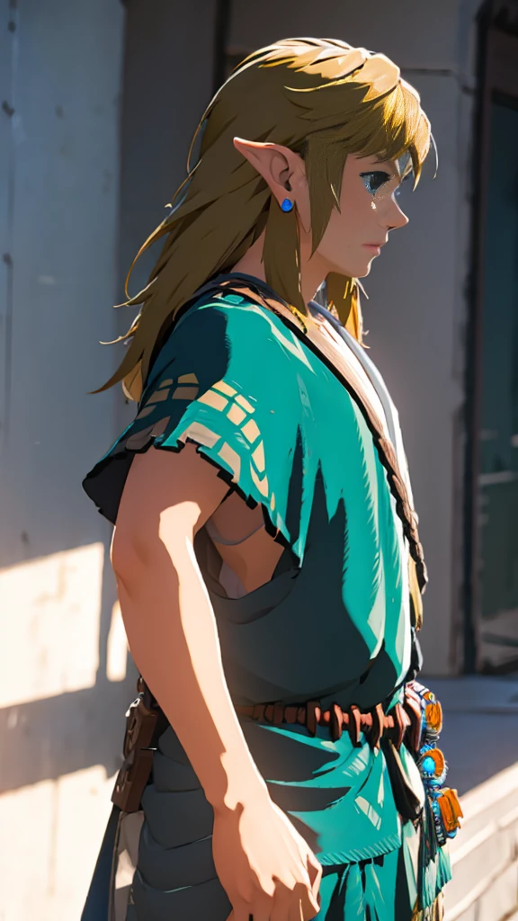 botw、Link、Upper Body、profile、Plainale、Blue Costume、Masterpiece、Highest quality、male、Flowing Hair、