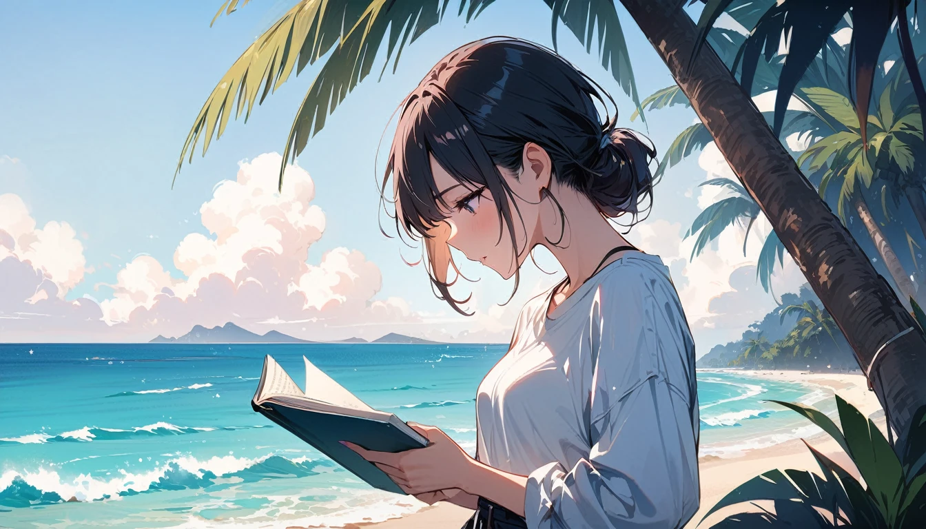 (masterpiece, Highest quality:1.2), 1 Girl, alone,Eyes open,I have a book,Tropical atmosphere,Ocean