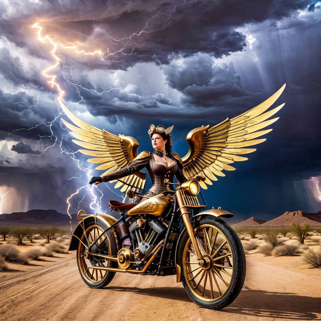A steampunk angel with brass gears and mechanical wings, standing in a Victorian-era desert with steam-powered lightning and brass storm clouds.