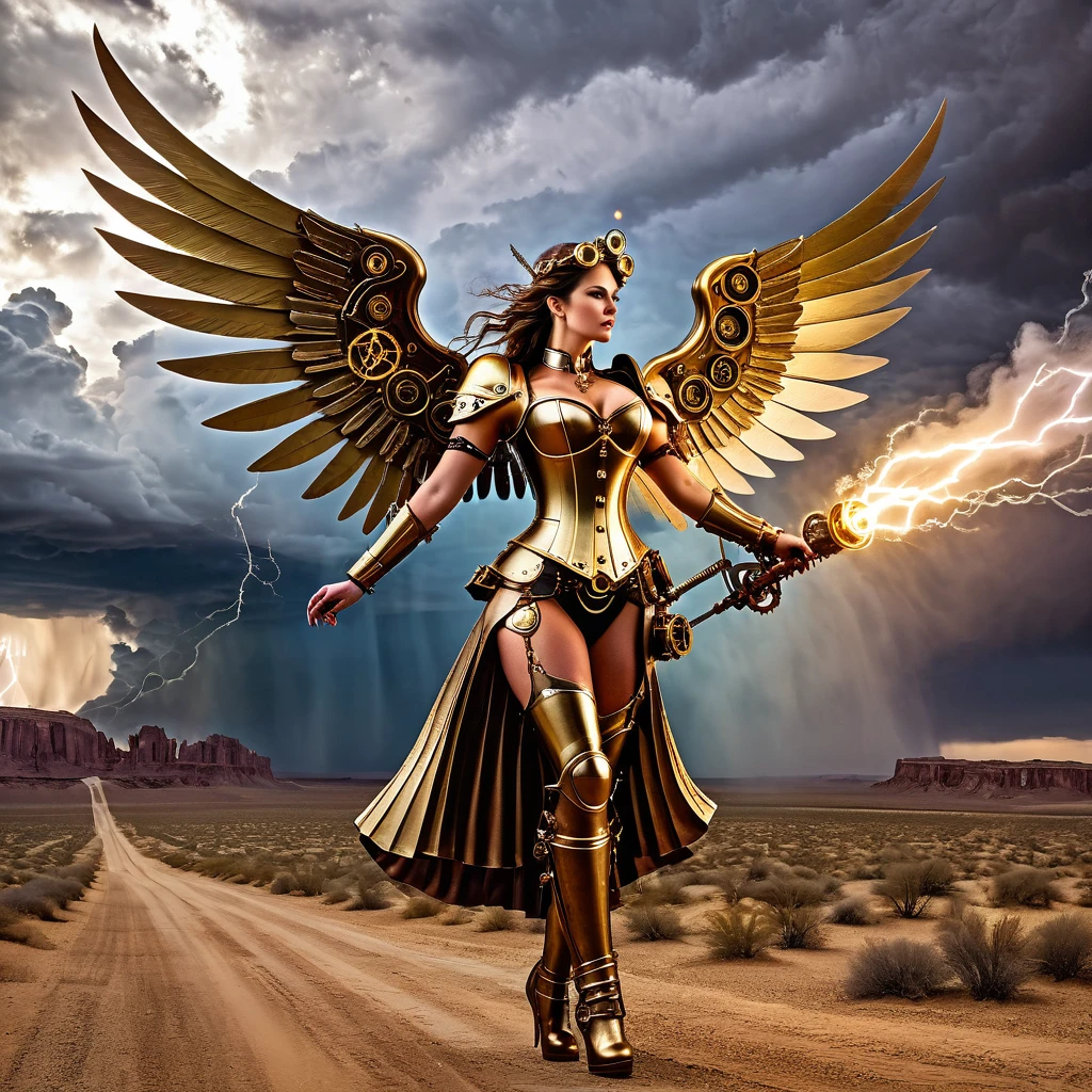 A steampunk angel with brass gears and mechanical wings, standing in a Victorian-era desert with steam-powered lightning and brass storm clouds.
