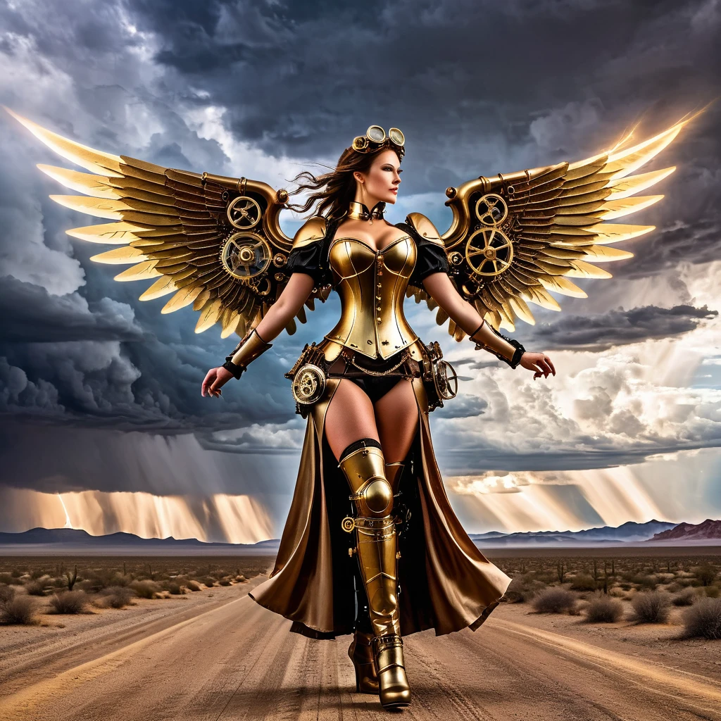A steampunk angel with brass gears and mechanical wings, standing in a Victorian-era desert with steam-powered lightning and brass storm clouds.