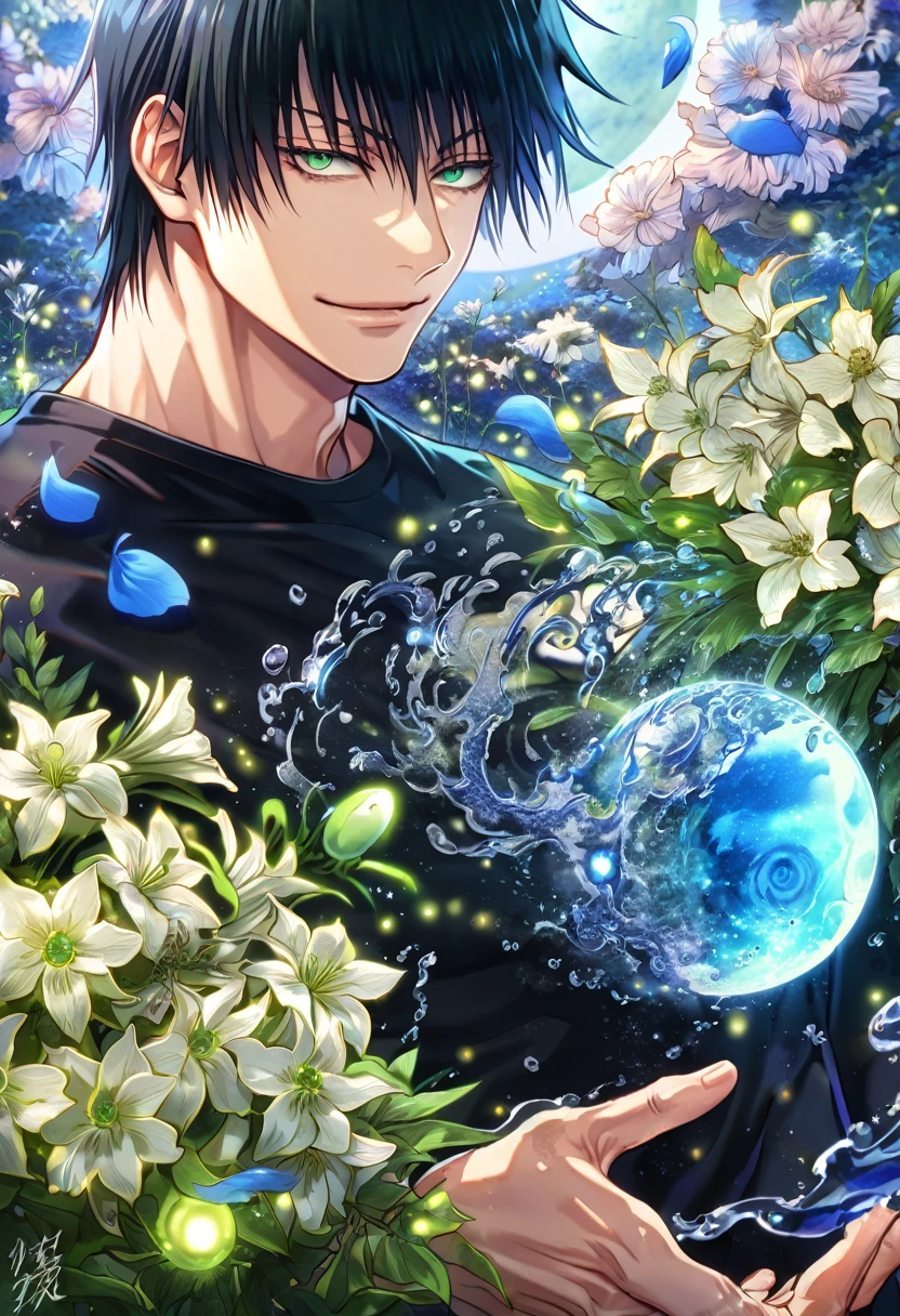 absurdres, highres, ultra detailed, HDR, master piece, Fushiguro Touji, black straight hair, expressive green eyes, black tight shirt, Jujutsu Kaisen, man, handsome, best quality, blue moon, flowers, fantasy, magical, solo, water, blue shining fireflies, blue petals, handsome smile