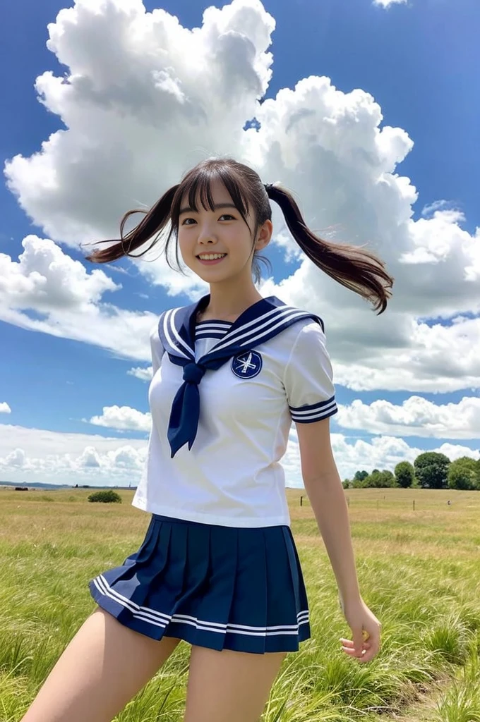 girl standing in windy rural field,large cumulonimbus cloud in summer blue sky,white sailor shirt,navy blue pleated skirt fluttering up in wind,white thong showing,18-year-old,bangs,a little smile,thighs,knees,short hair with low pigtails bunches blowing in wind,from below,front light