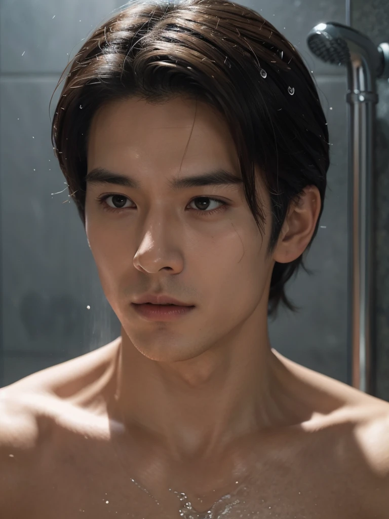 There was a man standing in the shower and his head foamy., Glittering from the rain, water dripping from him, Movie screen capture, South Korean man, movie screenshot, Still from the live action movie., Oh yes, Scenes from live-action movies, jin kim, Sweating. water vapor in the air, [ Realistic photos ]!!, Advertising picture