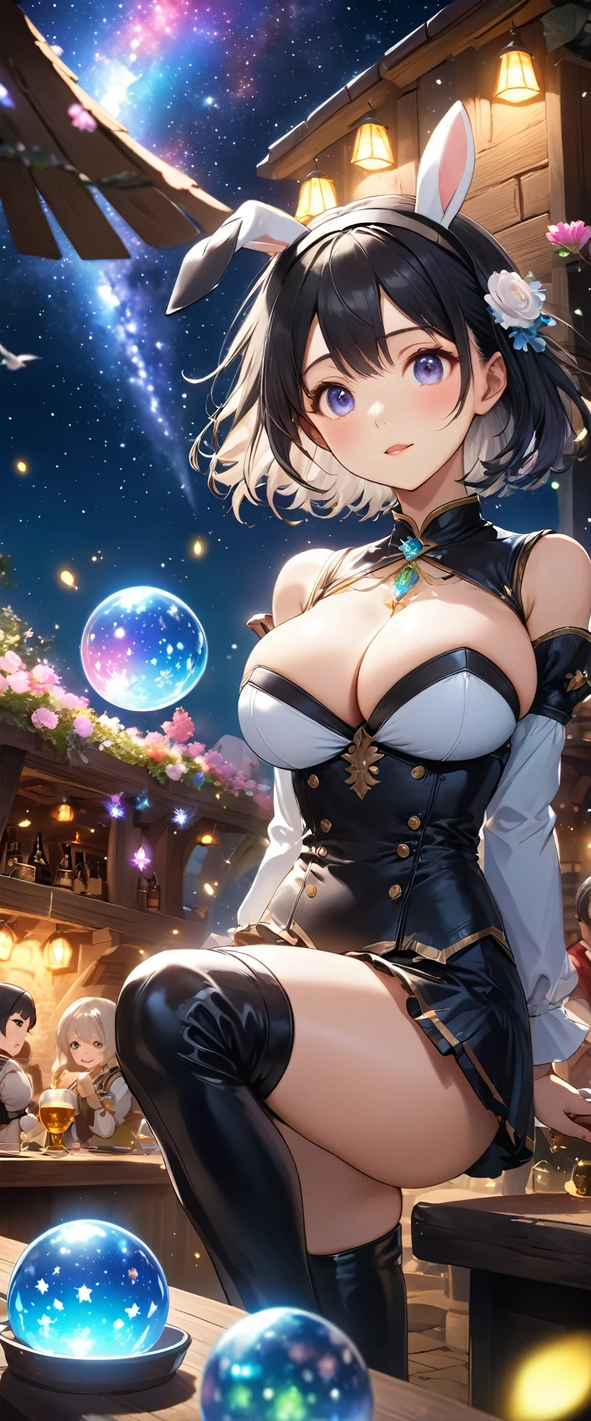 Highest quality, Super quality, 16K, Incredibly absurd, Very detailed, 2.5D, delicate and dynamic, Tavern, colorful lighting, Colorful crystal ball, Small faint lights and flying fireflies, night, Starry Sky, milky way, nebula, shooting star, Flowers, birds, wind and moon, Extremely delicate facial expression, Delicate eye depiction, Upper body close-up, , sole sexy l, healthy shaped body, 22 years old lady, Bunny girl, 170cm tall, huge firm bouncing busts, white short hair, black hair band, Bunny girlのコスチューム, black leather long boots