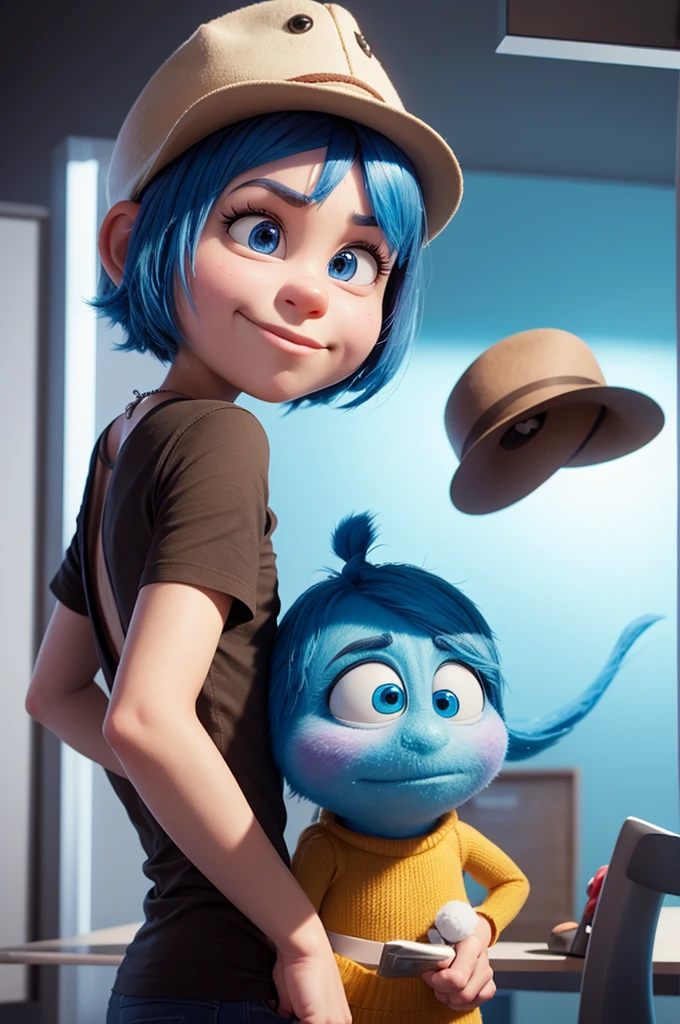 Prompt Description:

Develop a Pixar-style 3D character, inspired by the aesthetics of “Inside Out 2”. The character must be one with the following characteristics:

	• First: Blue • Hair: brown, rolled up • Accessory: Hat • Eyes: brown