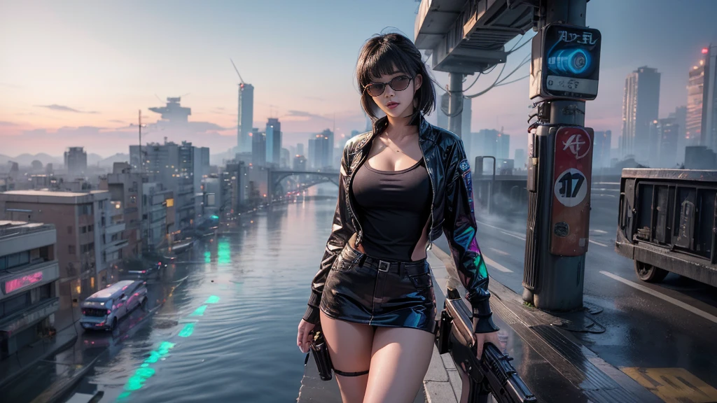 8k, Realistic Skin Texture, Realistic Photo, Neo Tokyo, slim Japanese women, large-breast:1.3 cleavage, AD2050 at night, Dirty hunting jacket, Wearing multiple shirts, miniskirt, (((black sunglasses, automatic rifle, sneakers, cold, shooting pose, low angle view))), Innovative composition, revenge, An old 1966 Ford Bronco that looks out of place in a city, cyberpunk, blade runner worldview, Large neon sign, Geisha hologram sign, Strong Wakamoto Sign.
