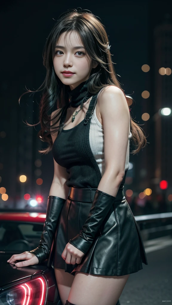 (8K, best quality, masterpiece: 1.2), (Practical, Reality: 1.37), Super Detail, A girl, Lovely, Solitary, (Tifa Lockhart), (Small Breasts), (漂亮的Eye), (Smile: 1.2), (closure), posture, dance, neon, city View, Depth of Field, Dark intense shadows, Clear focus, car, Motion Blur, 摩托car, Depth of Field, work, Glowing green, Final Fantasy VII, date, (nose brush), single Elbow pads, Ankle boots, Black Hair, Black skirt, black thighs, Red boots, Elbow gloves, Elbow pads, Fingerless gloves, Tight shirt, Good exercise, (suspender Black skirt), thigh, White vest, whole body, Headrest, Lips, Pretty Face, Low-tied long hair, (Red_Eye)), Flowers, (night: 1.3), complicated, Bokeh, light, Photon Mapping, Radiosity, Physically Based Rendering, (Tetsuya Nomura style)