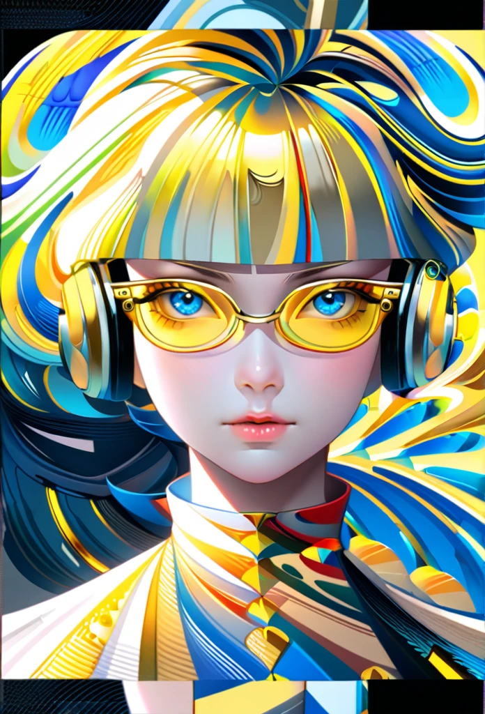 (((yellow glasses:1.3))), headphone, short hair, blunt bangs,Please turn the provided image into a painting keeping the same agape face features and realistic likeness and with the following characteristics: Art Style: Flowing Picasso style. Colors: Vibrant and dynamic, using bold and contrasting colors like the photo Details: Emphasize abstract shapes and flowing lines to capture the essence of her features. Mood: Artistic and expressive, with a surreal and imaginative touch. Background: Complementary to the Picasso style, potentially with abstract elements or patterns. Note: The final image should creatively reinterpret her likeness in a way that feels both unique and artistic, reminiscent of Picasso's distinctive and abstract painting style. Mohawk and steampunk clothing by worlds best photographer, punk rock, extremely realistic, muted colours, soft lighting, 8k, hi-res, Masterpiece, Highest quality)), Detailed face, character design sheet， full bodyesbian, Full of details, frontal body view, back body view, Anime, 1 winged black-skinned girl, Ebony skinned, mega ponytail hairstyle, pure white hair, Sea BLUE eyes, busty, valkyrie's winged helmet, white valkyrie's armor, pit black Long large skirt, white gauntlets, white Boots, Ebony skin, serious face, large wings, action pose, extremely Large wings