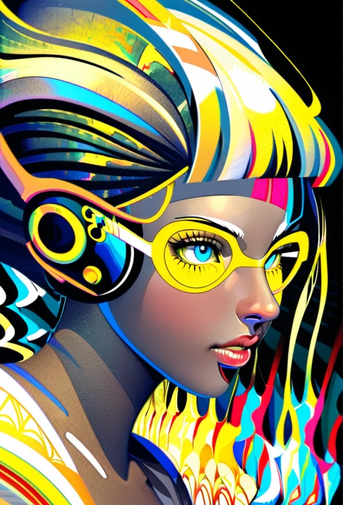 (((yellow glasses:1.3))), headphone, short hair, blunt bangs,Please turn the provided image into a painting keeping the same agape face features and realistic likeness and with the following characteristics: Art Style: Flowing Picasso style. Colors: Vibrant and dynamic, using bold and contrasting colors like the photo Details: Emphasize abstract shapes and flowing lines to capture the essence of her features. Mood: Artistic and expressive, with a surreal and imaginative touch. Background: Complementary to the Picasso style, potentially with abstract elements or patterns. Note: The final image should creatively reinterpret her likeness in a way that feels both unique and artistic, reminiscent of Picasso's distinctive and abstract painting style. Mohawk and steampunk clothing by worlds best photographer, punk rock, extremely realistic, muted colours, soft lighting, 8k, hi-res, Masterpiece, Highest quality)), Detailed face, character design sheet, full bodyesbian, Full of details, frontal body view, back body view, Anime, 1 winged black-skinned girl, Ebony skinned, mega ponytail hairstyle, pure white hair, Sea BLUE eyes, busty, valkyrie's winged helmet, white valkyrie's armor, pit black Long large skirt, white gauntlets, white Boots, Ebony skin, serious face, large wings, action pose, extremely Large wings
