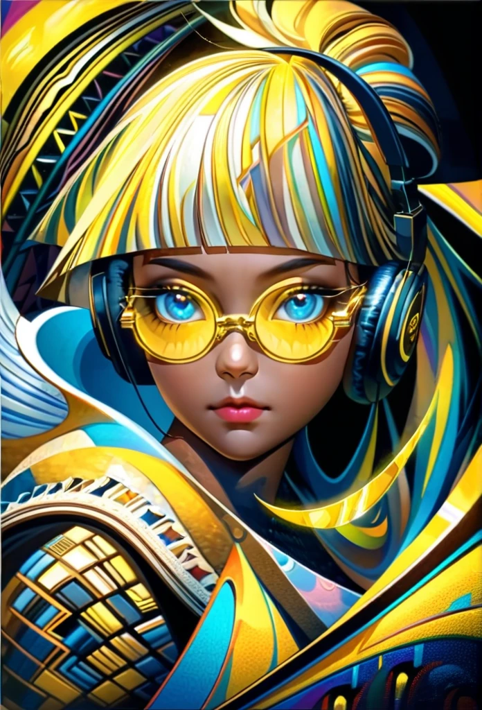 (((yellow glasses:1.3))), headphone, short hair, blunt bangs,Please turn the provided image into a painting keeping the same agape face features and realistic likeness and with the following characteristics: Art Style: Flowing Picasso style. Colors: Vibrant and dynamic, using bold and contrasting colors like the photo Details: Emphasize abstract shapes and flowing lines to capture the essence of her features. Mood: Artistic and expressive, with a surreal and imaginative touch. Background: Complementary to the Picasso style, potentially with abstract elements or patterns. Note: The final image should creatively reinterpret her likeness in a way that feels both unique and artistic, reminiscent of Picasso's distinctive and abstract painting style. Mohawk and steampunk clothing by worlds best photographer, punk rock, extremely realistic, muted colours, soft lighting, 8k, hi-res, Masterpiece, Highest quality)), Detailed face, character design sheet, full bodyesbian, Full of details, frontal body view, back body view, Anime, 1 winged black-skinned girl, Ebony skinned, mega ponytail hairstyle, pure white hair, Sea BLUE eyes, busty, valkyrie's winged helmet, white valkyrie's armor, pit black Long large skirt, white gauntlets, white Boots, Ebony skin, serious face, large wings, action pose, extremely Large wings