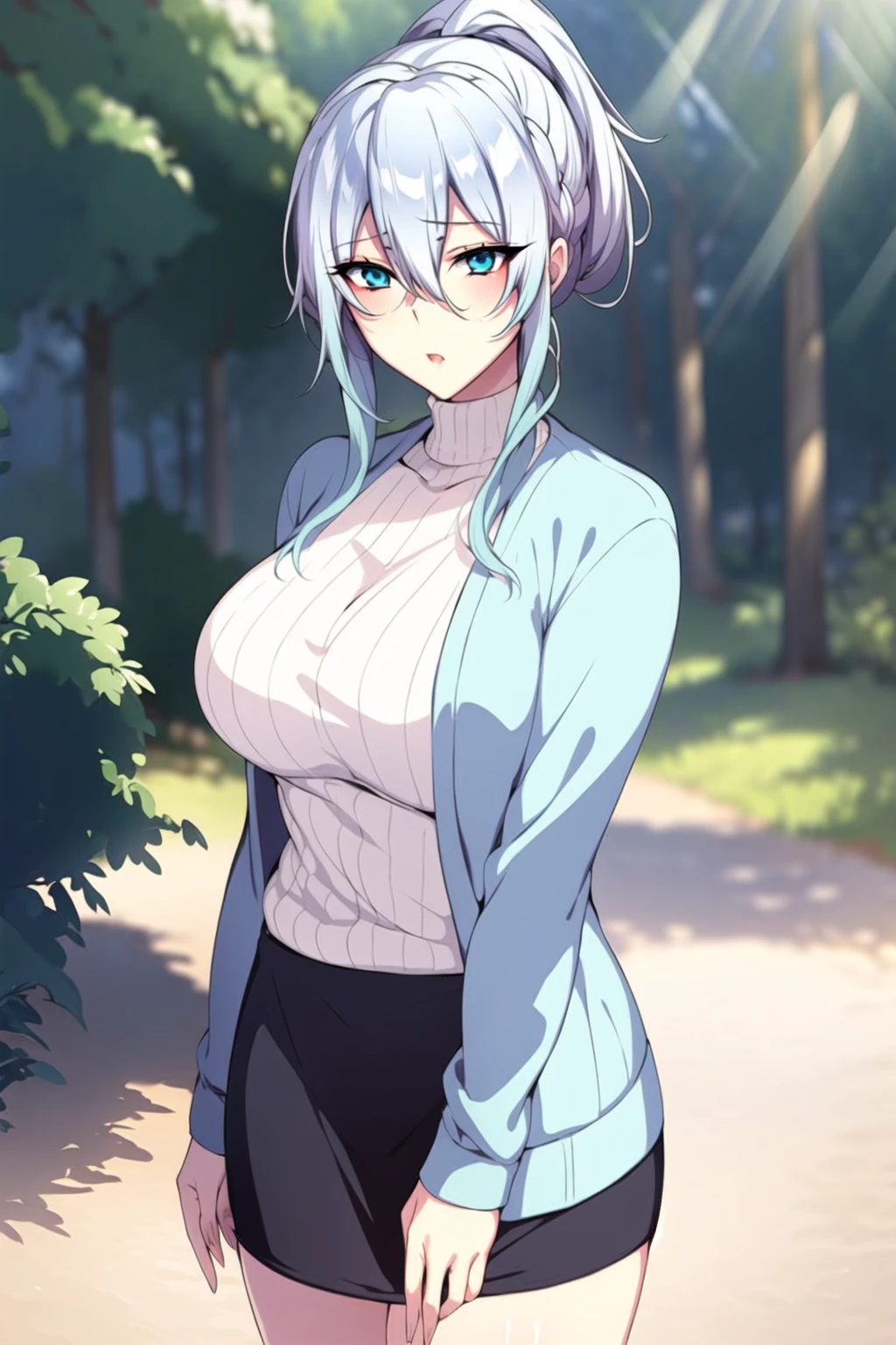Yukio Yukino, Yukino Yuna, Long hair, bangs, blue eyes, hair between eye, Blue hair, Ponytail,BREAK skirt, Long sleeves, Black skirt, Sweaters, turtle neck, Ribbed sweater, White sweater, cardigan, blue cardigan, open cardigan,Break indoors, bed,BREAK looking at viewer, (Cowboy Shot:1.5),BREAK (masutepiece:1.2), Best Quality, High resolution, Unity 8k Wallpaper, (Illustration:0.8), (Beautiful detailed eyes:1.6), extra detailed face, Perfect Lighting, extremely details CG, (Perfect hands, Perfect Anatomy),Sitting with his eyes closed, Standing in the forest