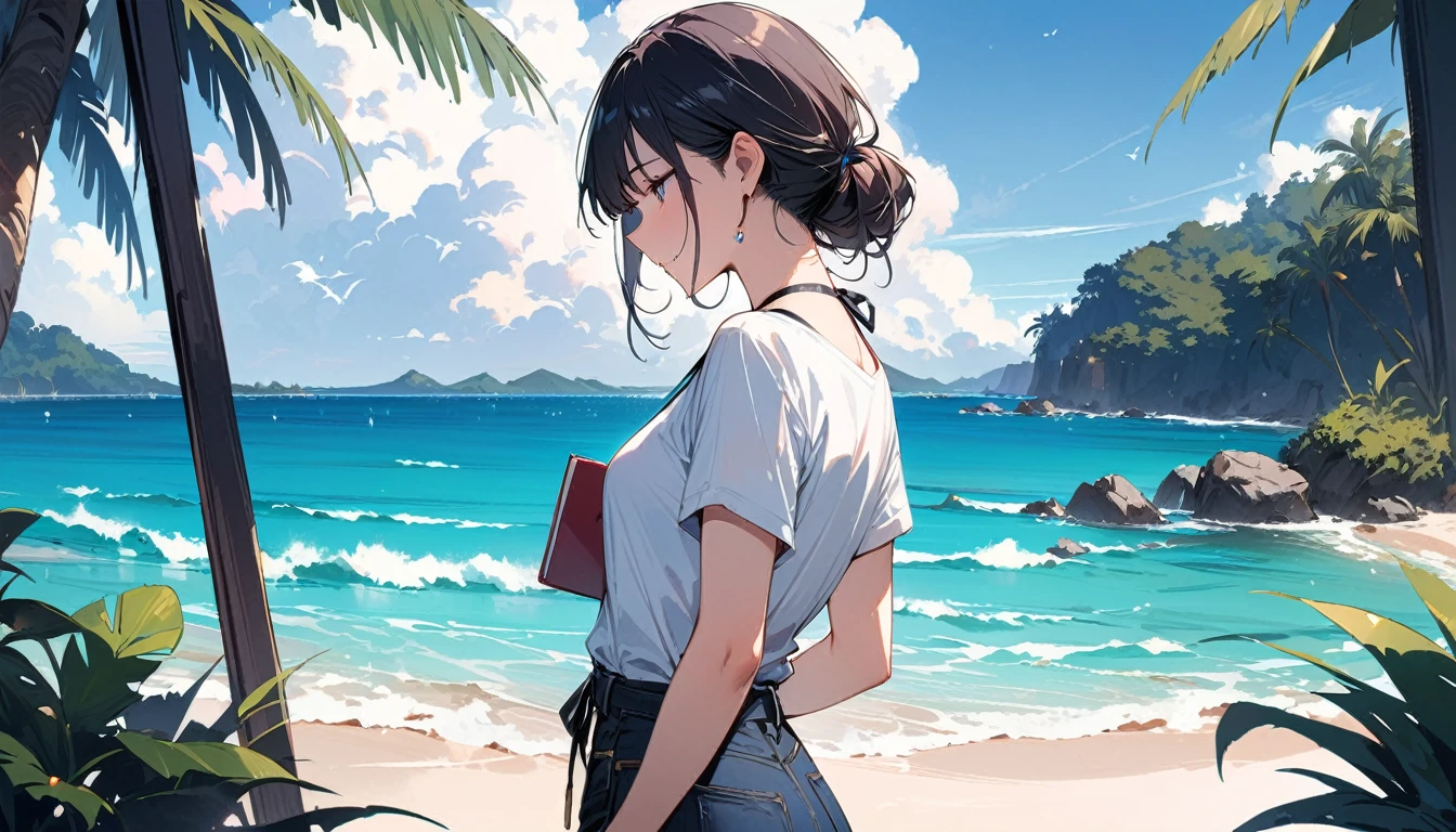 (masterpiece, Highest quality:1.2), 1 Girl, alone,Eyes open,I have a book,Tropical atmosphere,Ocean