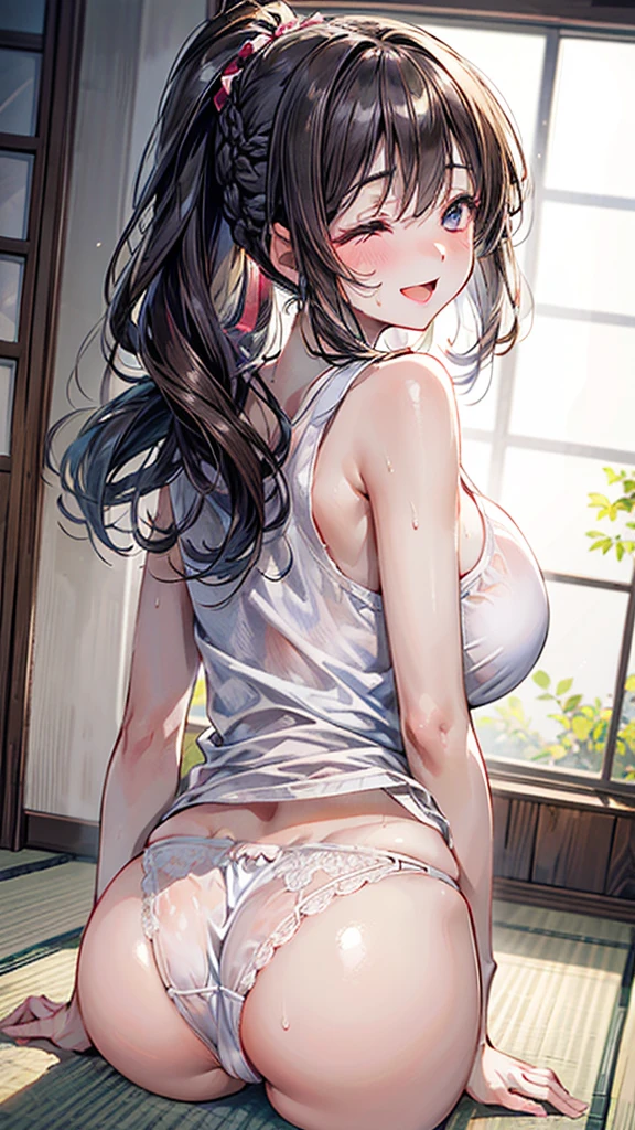 (Best quality, 8k, 32k, Masterpiece, UHD,:1.2),RAW, 1girl,ultra cute , natural lighting,transparent shining eyes, 20yo ,fair complexion, dark brown hair, french braid, flushed face,femur, medium hair, White Tank top, panties, Sweat, ponytail, tatami, medium breast, ((all fours)), emphasizing the breast, smiling, Looking away, Closing eyes, ((From Behind)), embarrassed, open mouth, side view, Cowboy shot